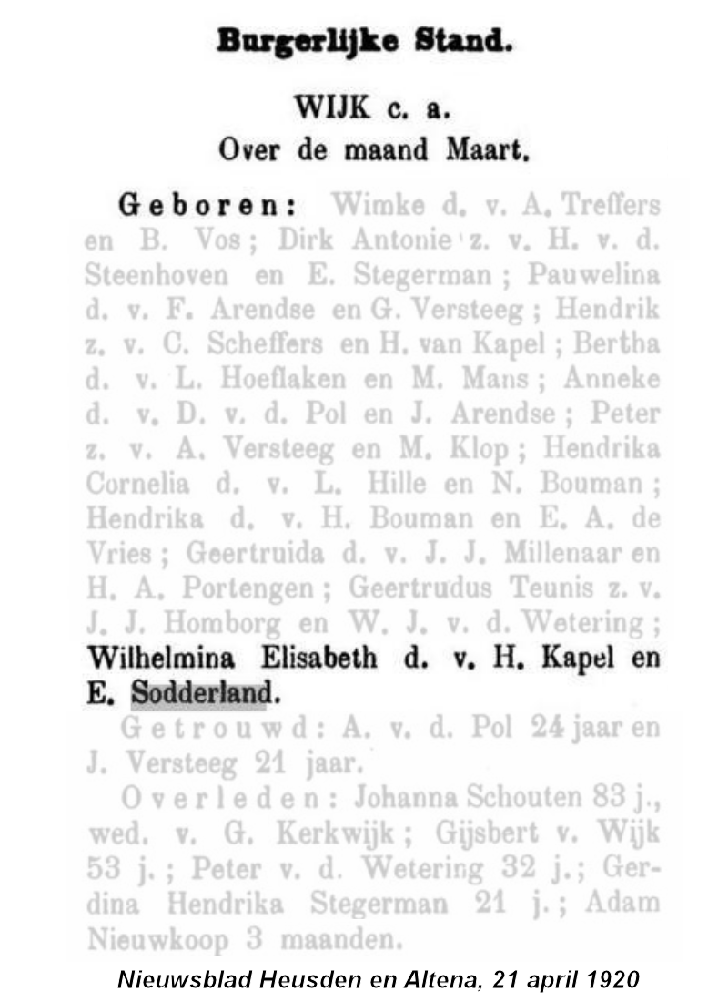 1920 BS geb ber Wilhelmina E dv H Kapel - E Sodderland